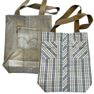 Custom Reversible Levi’s & Western Shirt Large Tote Bag, Red tab, Pearl Snaps
